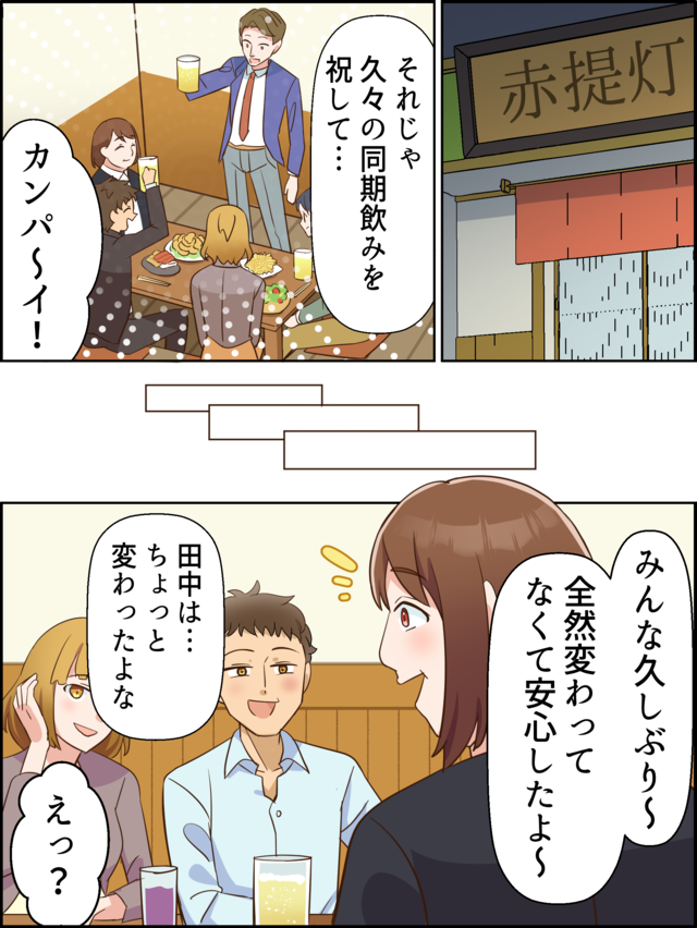 「それじゃ久々の同期飲みを祝して…カンパ～イ！」「みんな久しぶり～全然変わってなくて安心したよ～」「田中は…ちょっと変わったよな」「えっ？」