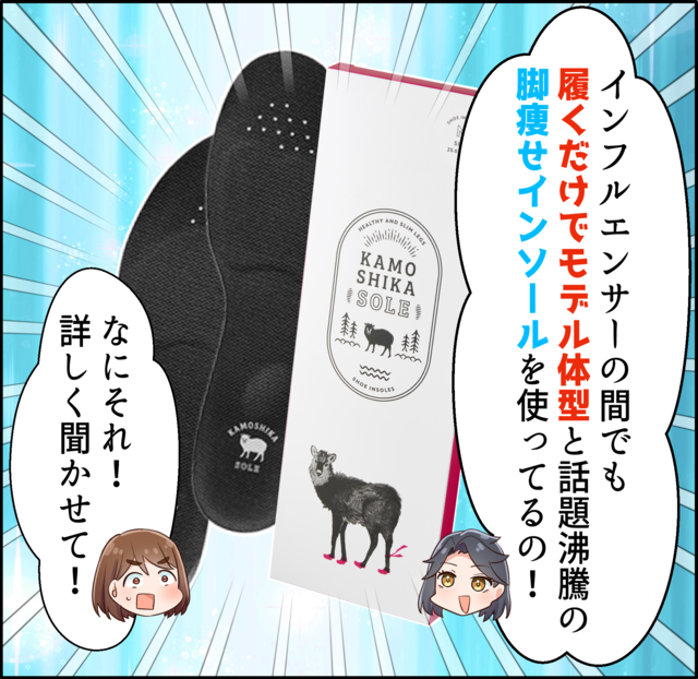 「インフルエンサーの間でも履くだけでモデル体型と話題沸騰の脚痩せインソールを使ってるの！」「なにそれ！詳しく聞かせて！」